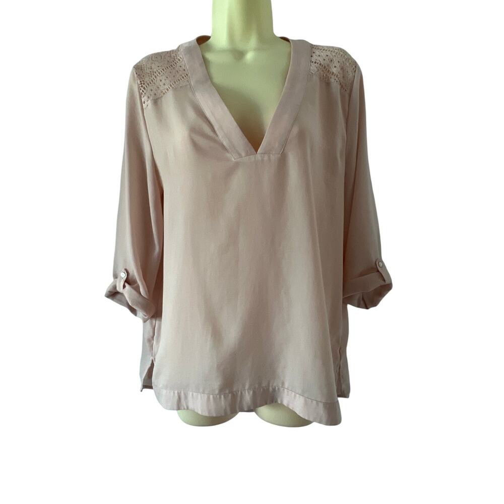 Express Blush Pink Popover Blouse Woman Size Medium Lace Feminine Office